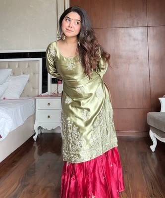 Olive & crimson satin sharara set 5