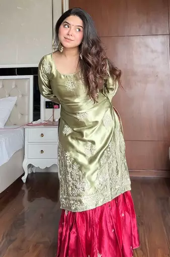 Olive & crimson satin sharara set