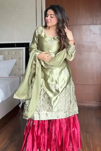 Olive & crimson satin sharara set