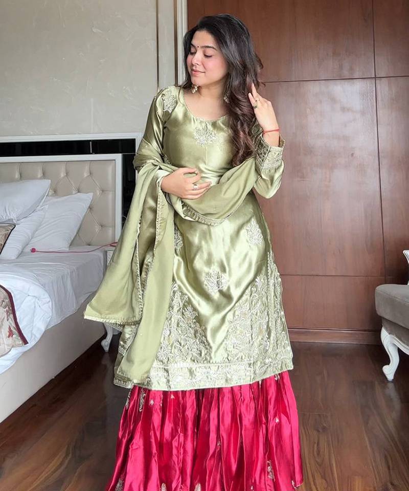 Olive & crimson satin sharara set