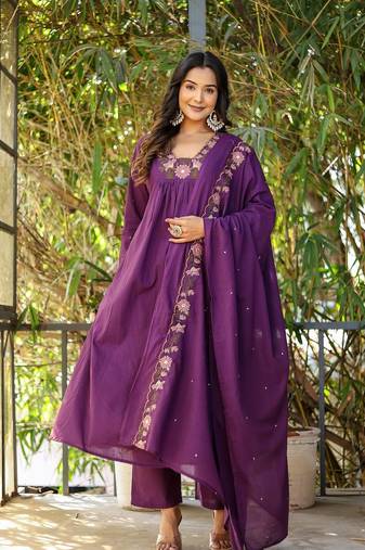 Wine embroidered rayon slub anarkali kurta with bottom & chanderi dupatta set