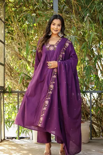 Wine embroidered rayon slub anarkali kurta with bottom & chanderi dupatta set
