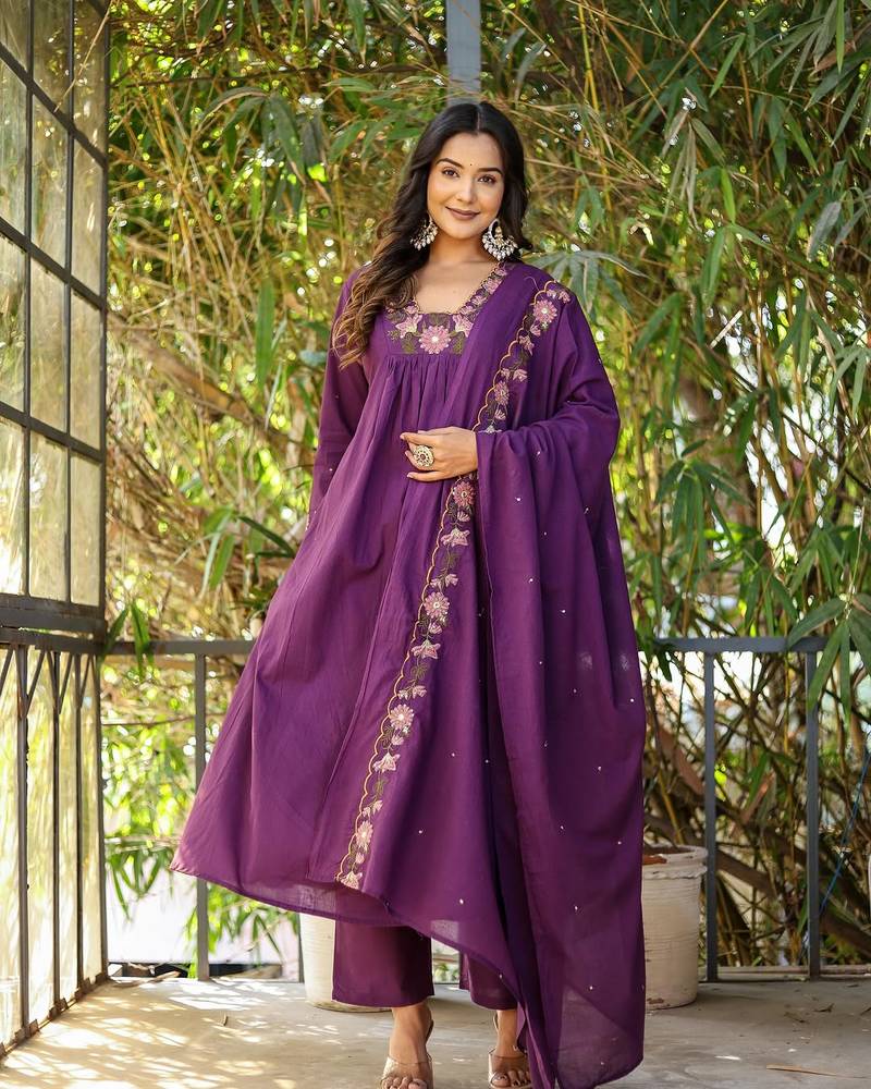 Wine embroidered rayon slub anarkali kurta with bottom & chanderi dupatta set