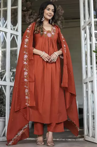 Rust orange embroidered rayon slub anarkali kurta with pant & chanderi cotton dupatta set