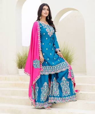 Blue and pink embroidered ethnic set 1