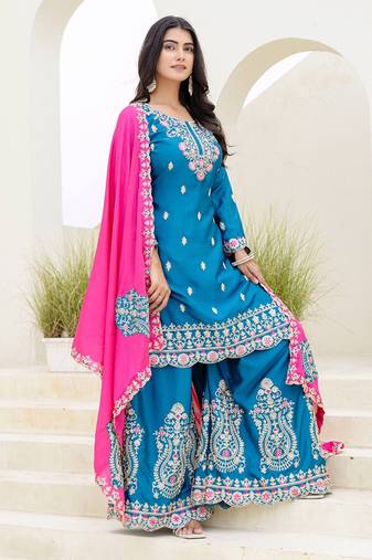 Blue and pink embroidered chinon silk sharara set