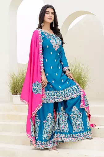 Blue and pink embroidered chinon silk sharara set
