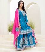 Blue and pink embroidered ethnic set