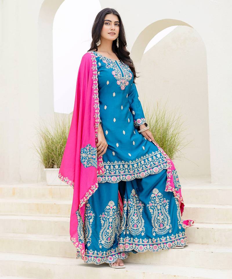Blue and pink embroidered chinon silk sharara set