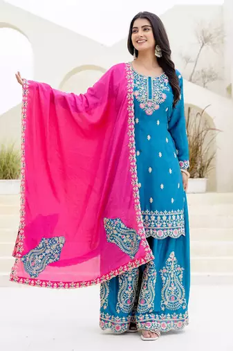 Blue and pink embroidered ethnic set