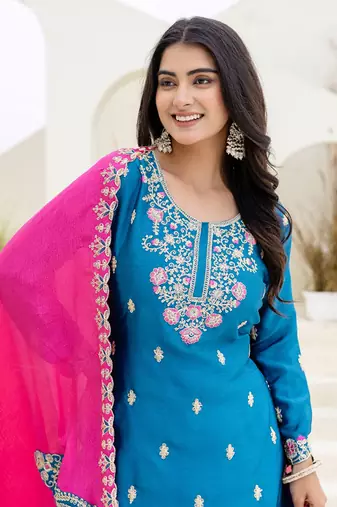 Blue and pink embroidered ethnic set