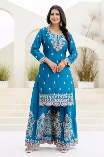 Blue and pink embroidered ethnic set