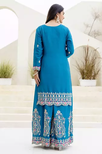 Blue and pink embroidered ethnic set