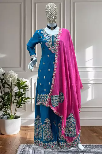 Blue and pink embroidered ethnic set