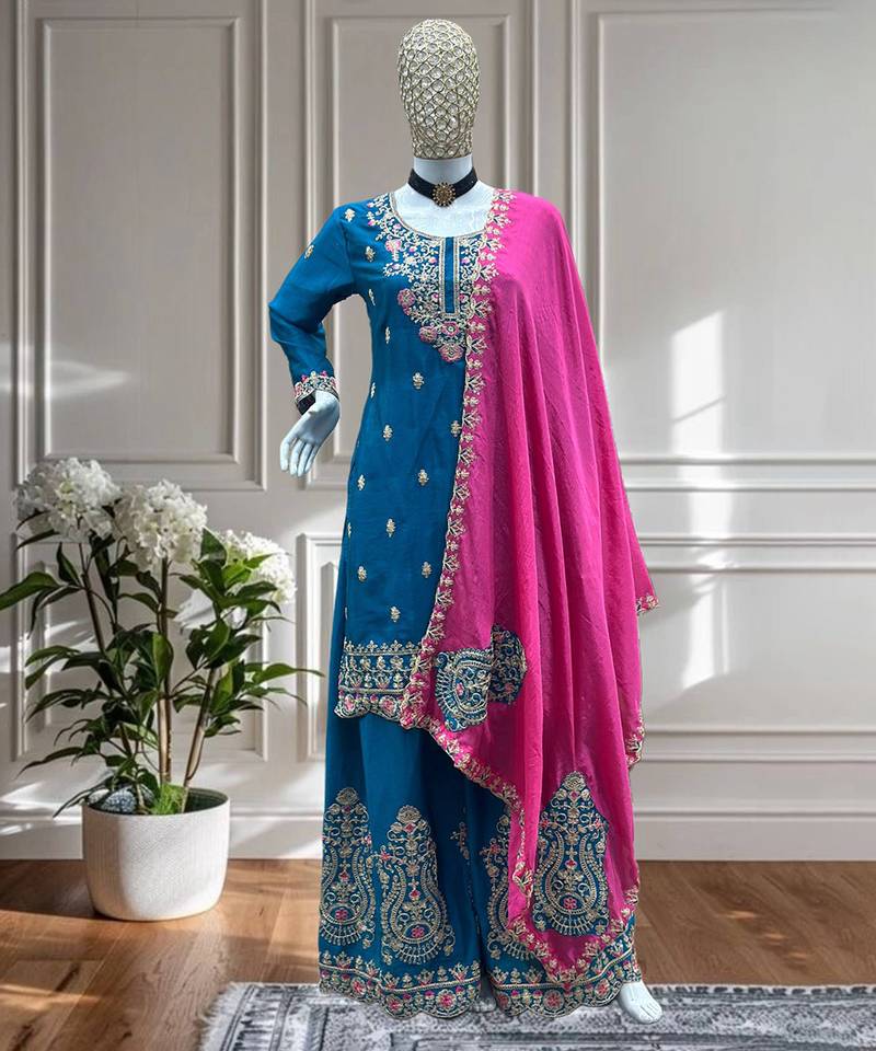 Blue and pink embroidered ethnic set