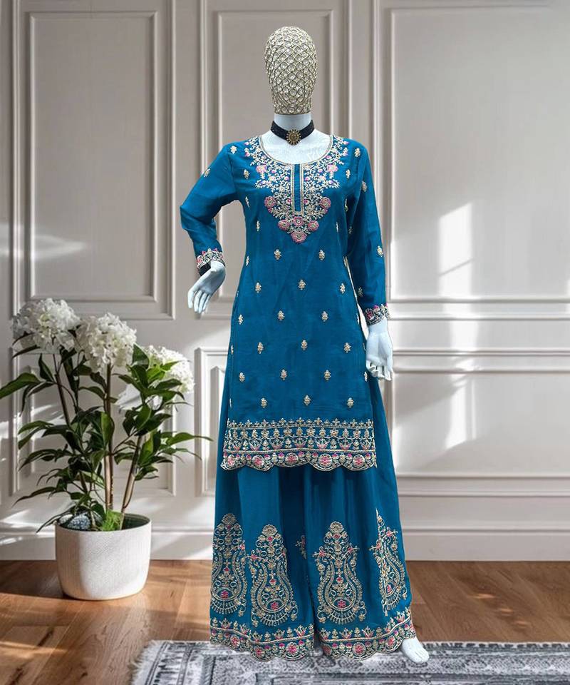 Blue and pink embroidered ethnic set