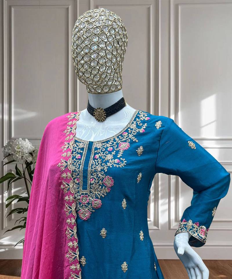 Blue and pink embroidered ethnic set
