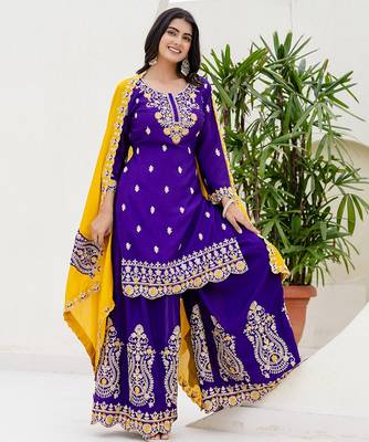 Purple and mustard embroidered ethnic set 1