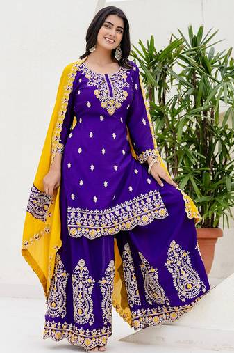 Purple and mustard embroidered chinon silk sharara set