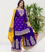 Purple and mustard embroidered ethnic set