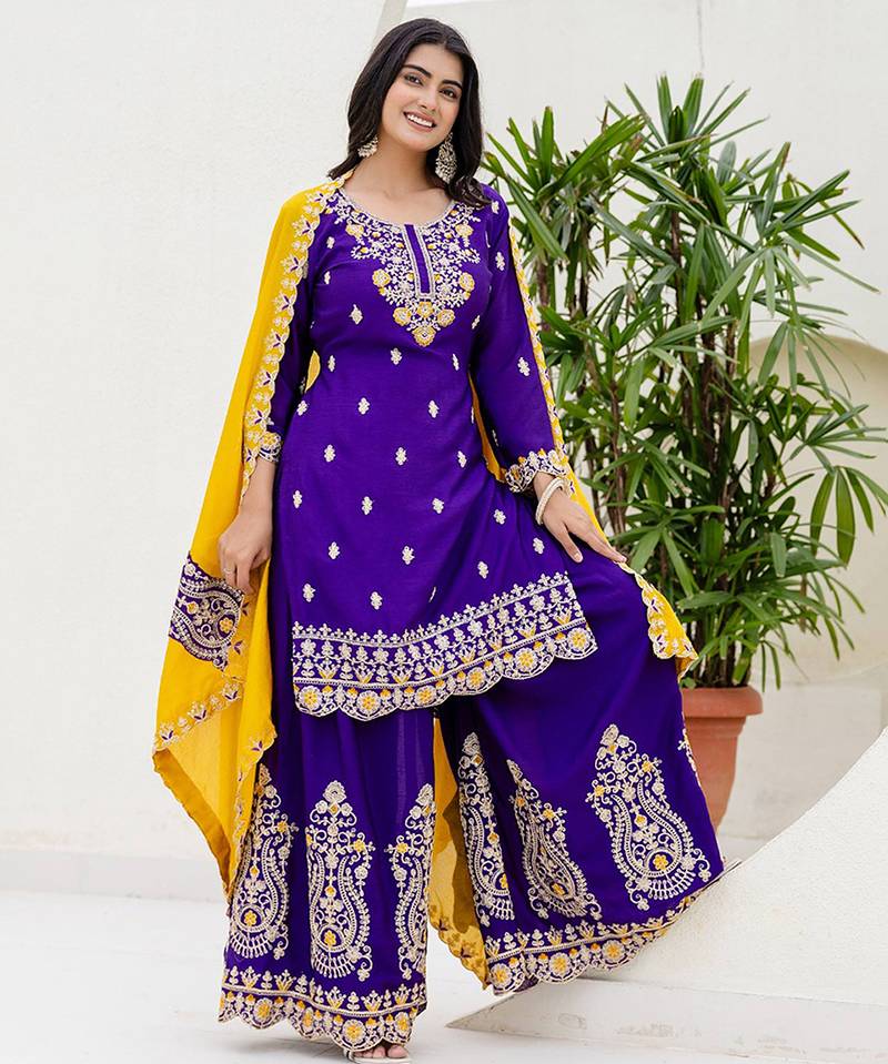Purple and mustard embroidered chinon silk sharara set