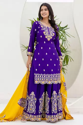 Purple and mustard embroidered ethnic set