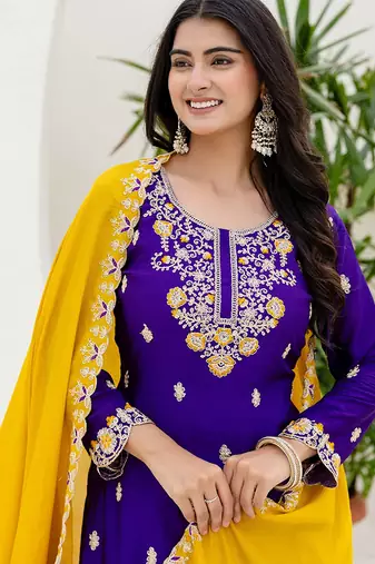 Purple and mustard embroidered ethnic set