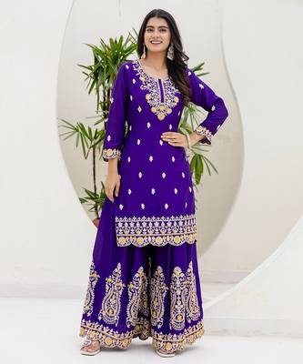 Purple and mustard embroidered ethnic set 5