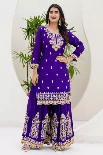 Purple and mustard embroidered ethnic set