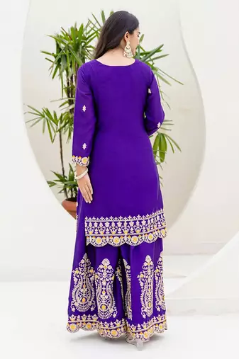 Purple and mustard embroidered ethnic set