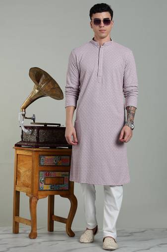 lilac sylish men's rayon embroidery kurta pyjama