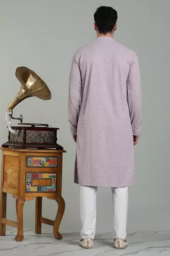 lilac sylish men's rayon embroidery kurta pyjama