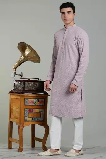lilac sylish men's rayon embroidery kurta pyjama