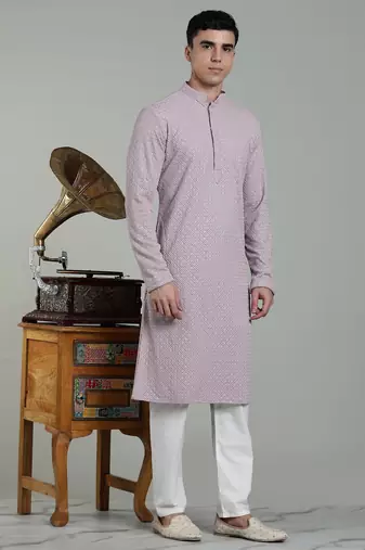 lilac sylish men's rayon embroidery kurta pyjama