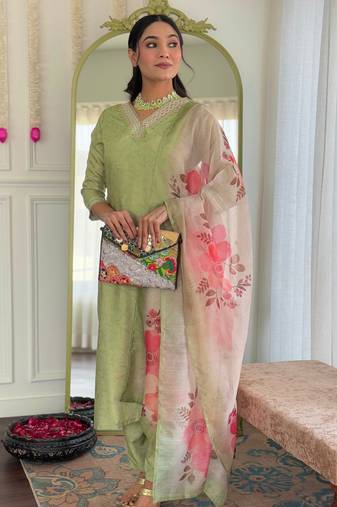 pista rayon embroidered straight kurta set with pant & chanderi printed dupatta     ethnic wear