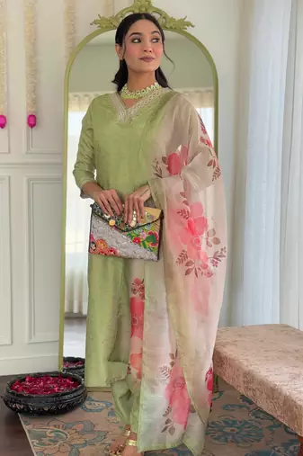 pista rayon embroidered straight kurta set with pant & chanderi printed dupatta     ethnic wear