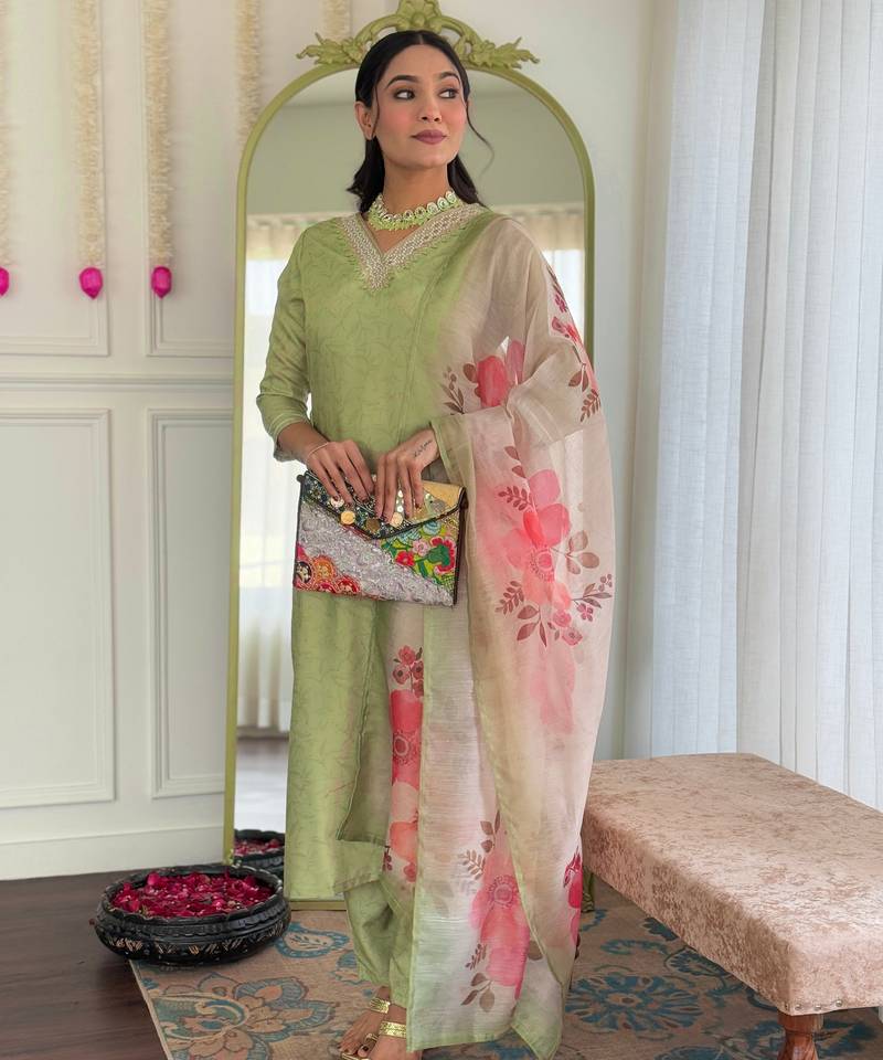 pista rayon embroidered straight kurta set with pant & chanderi printed dupatta     ethnic wear