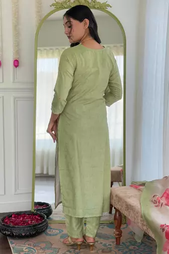 pista rayon embroidered straight kurta set with pant & chanderi printed dupatta     ethnic wear