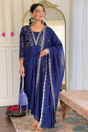 blue vichitra silk embroidered flared kurta set with rayon pant & vichitra silk laced dupatta     ethnic wear
