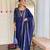 blue vichitra silk embroidered flared kurta set with rayon pant & vichitra silk laced dupatta     ethnic wear