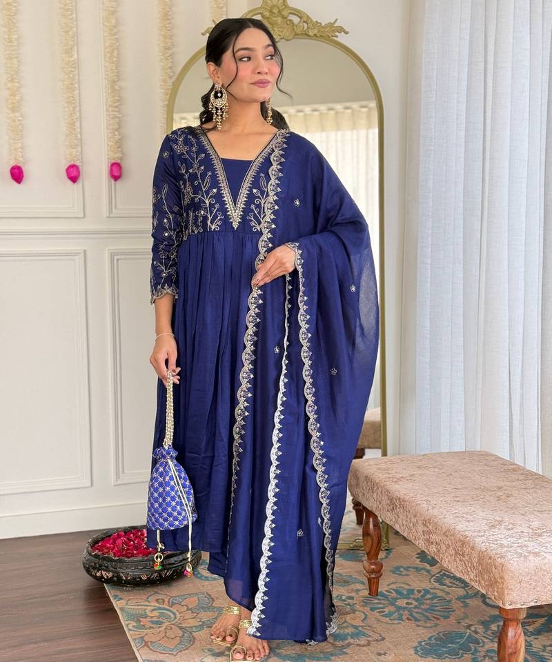 blue vichitra silk embroidered flared kurta set with rayon pant & vichitra silk laced dupatta     ethnic wear