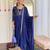 blue vichitra silk embroidered flared kurta set with rayon pant & vichitra silk laced dupatta     ethnic wear