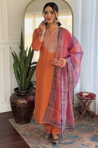  embridered orange kurta set