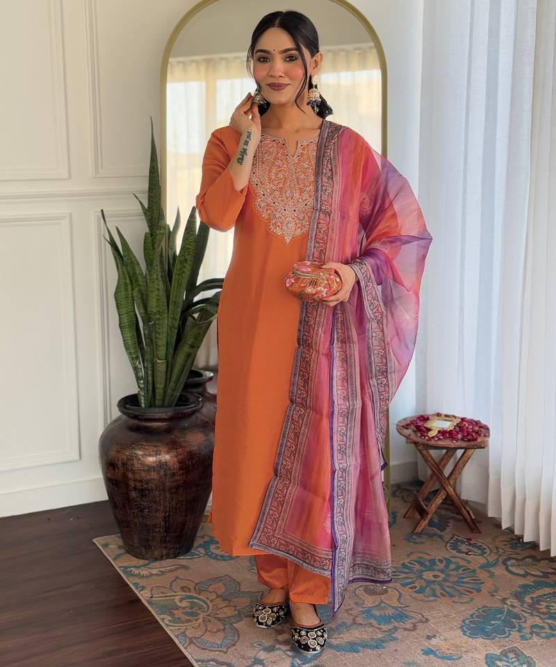  embridered orange kurta set