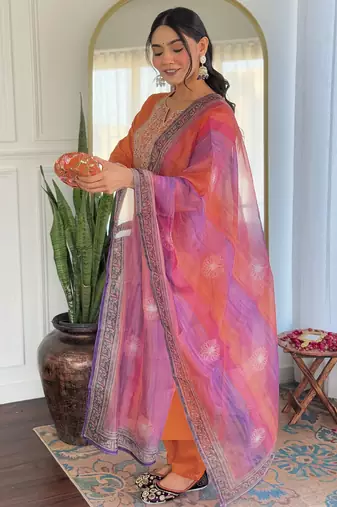  embridered orange kurta set