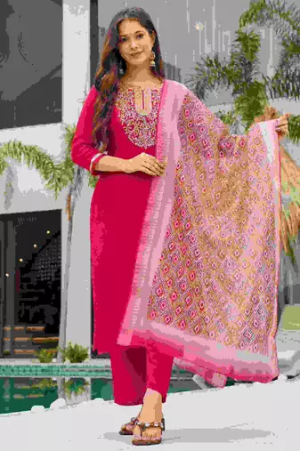 rayon slub embroidered straight kurta set with pant & dupatta     ethnic wear