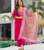rayon slub embroidered straight kurta set with pant & dupatta     ethnic wear