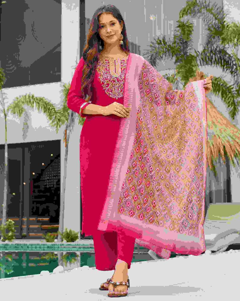 rayon slub embroidered straight kurta set with pant & dupatta     ethnic wear