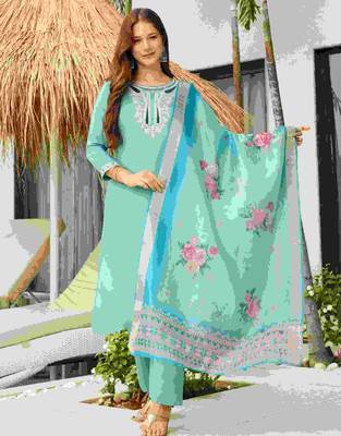 sky viscose embroidered straight kurta set with pant & organza jacquard printed dupatta     ethnic wear 1