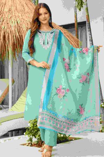 sky viscose embroidered straight kurta set with pant & organza jacquard printed dupatta     ethnic wear